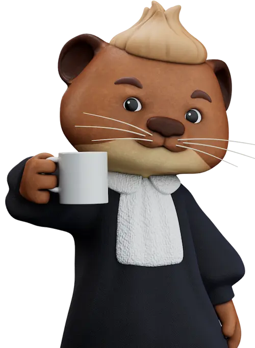 Otto the Otter holding up a white coffee mug.