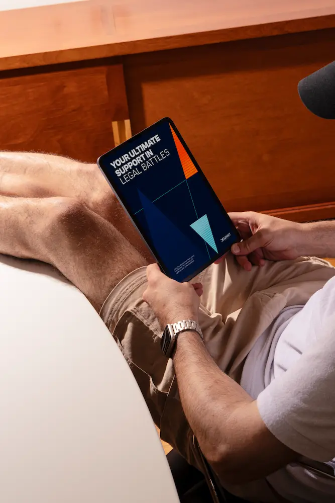 Person relaxing while reading a tablet with the text “Your ultimate support in legal battles.”