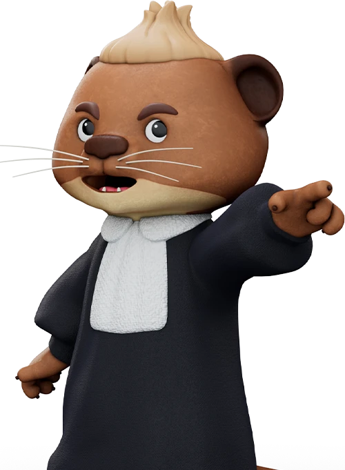 Otto the Otter, Deviant Legal’s mascot, striking an “Objection!” pose in a lawyer’s robe.