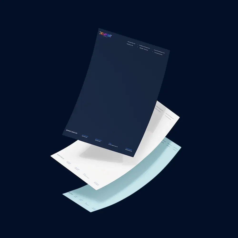 Stack of floating Deviant Legal service sheets in dark, white, and light blue colors.