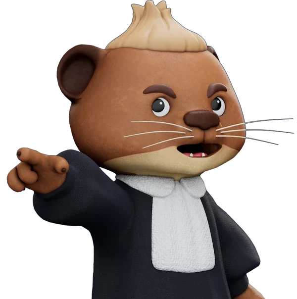 Cartoon otter mascot in a dramatic pose with one arm outstretched, mimicking the iconic "Objection!" gesture from the Ace Attorney video game series. Otto wears a business suit, blending legal professionalism with gaming culture.